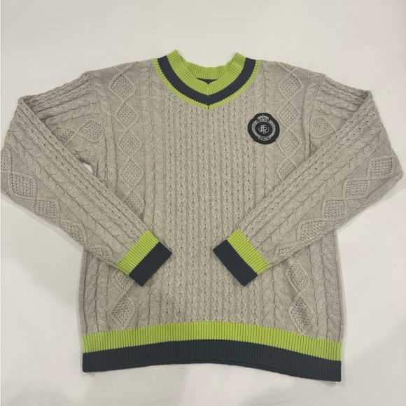 Grey Logo Knit Sweater with Green and Navy Stripe Trim - Picture 2 of 5